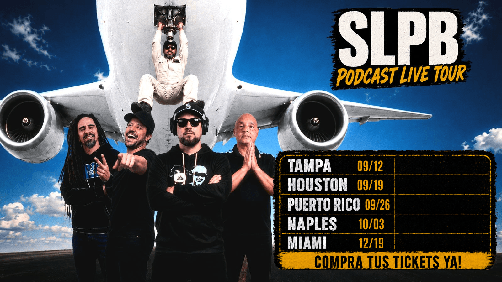 SLPB Podcast Live Tour. Tampa 09/12, Houston 09/19, Puerto Rico 09/26, Naples 10/03, Miami 12/19. Compra tus tickets ya.